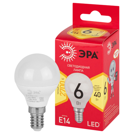 Лампочка светодиодная ЭРА RED LINE LED P45-6W-827-E14 R Е14 / E14 6 Вт шар теплый белый свет
