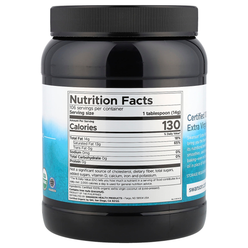 Swanson Vitamins, Сертифицированное 100% органическое кокосовое масло первого отжима, 1,53 кг (3 фунта 6 унций)