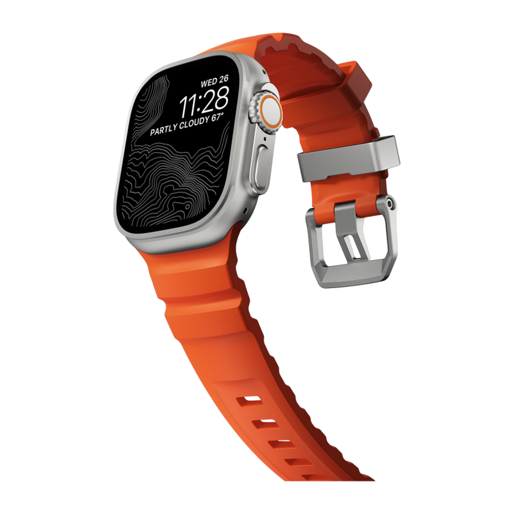 Спортивный ремешок Nomad Rocky Point Band Limited Edition для Apple Watch 44, 45, 46 мм и Ultra 2–3 Водостойкий ремешок из фторэластомера с классической застёжкой из титана 5-го класса. На запястье обхватом 145–195 мм