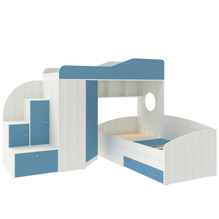 Кровать-чердак КарИВи Кадет 2 Белое Дерево Светло-синий, голубой