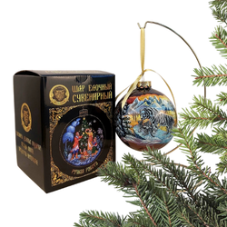 Шар новогодний (круговая роспись Палех) Белый тигр в коробке
