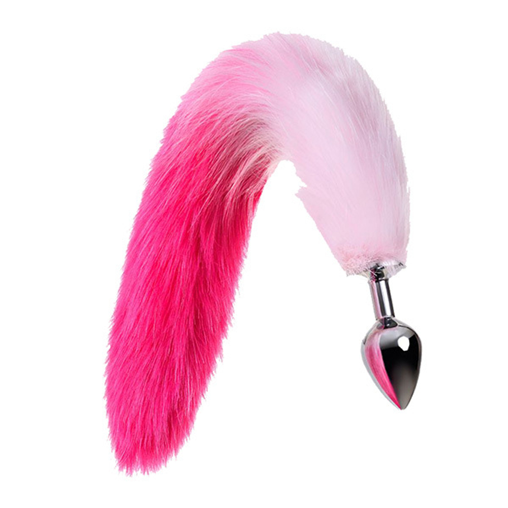 Серебристая анальная втулка с бело-розовым хвостом размер M ToyFa Metal 712028-M