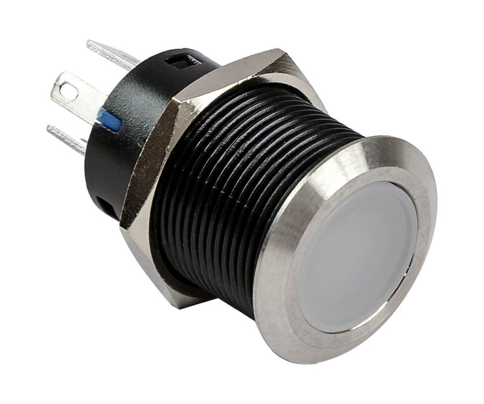 Кнопка с фиксацией, подсветка синяя, наклейки, 12 В, 20А, 19мм