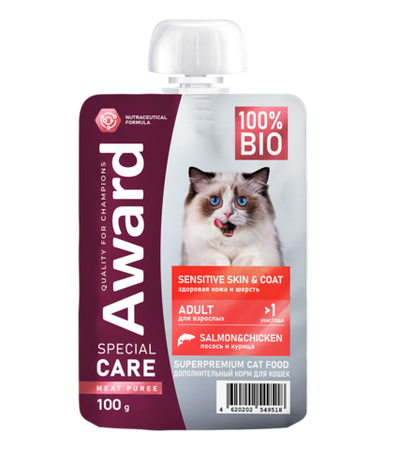 Award Special Care Sensitive Skin&Coat "Мясное пюре" для взрослых кошек из курицы с лососем 100гр.