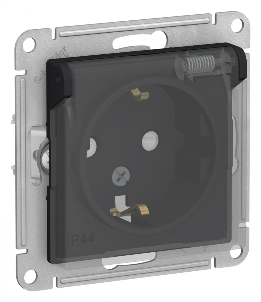 Systeme Electric AtlasDesign Aqua Карбон Розетка с/з со шторками, с крышкой, 16А, IP44, механизм