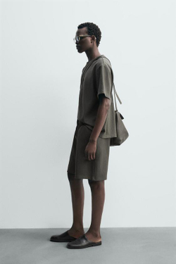 ZARA ШОРТЫ-ДЖОГГЕРЫ ИЗ РЕЛЬЕФНОЙ ТКАНИ, ЗЕЛЕНОВАТЫЙ