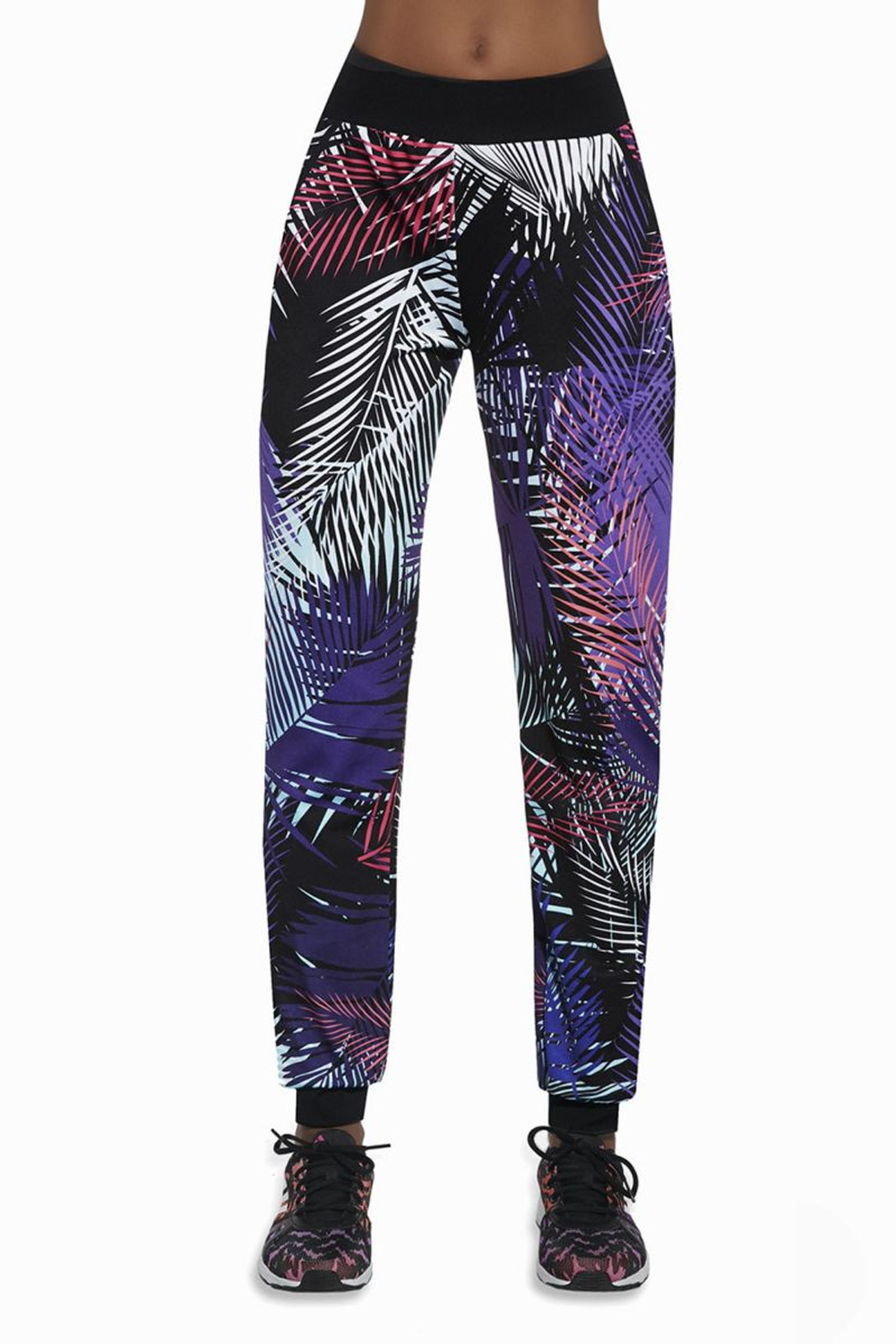 Легинсы для фитнеса Jamaica с рисунком в виде пальмовых листьев (Размер: S) (Цвет: черный с фиолетовым)