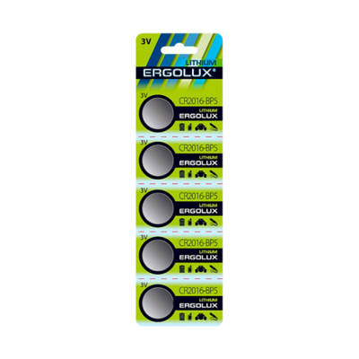Батарейки дисковые литиевые Ergolux CR2016 (упаковка 5 шт.)