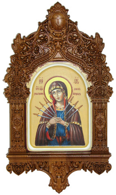 Рукописная икона Образ Божией Матери Умягчение злых сердец на кипарисе 20х15см в резном киоте