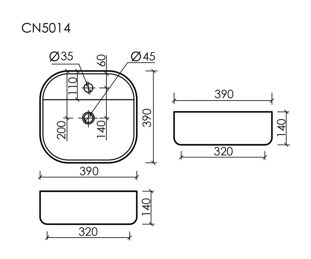 Умывальник чаша накладная квадратная Element 390x390x140мм