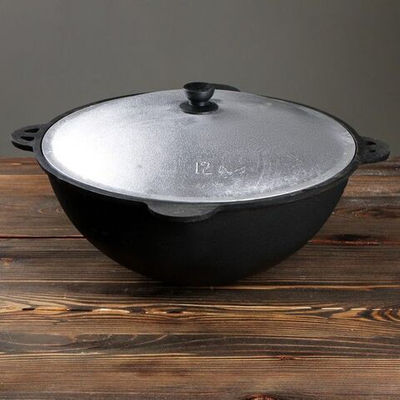 Чугунный казан с круглым дном и крышкой (объем 12 литров) (Цвет: не задано)