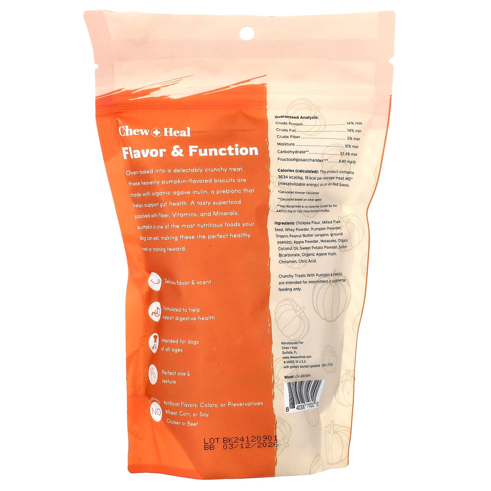 Chew + Heal, Хрустящие лакомства с тыквой и пребиотиками, для собак, для всех возрастов, 142 г (5 унций)
