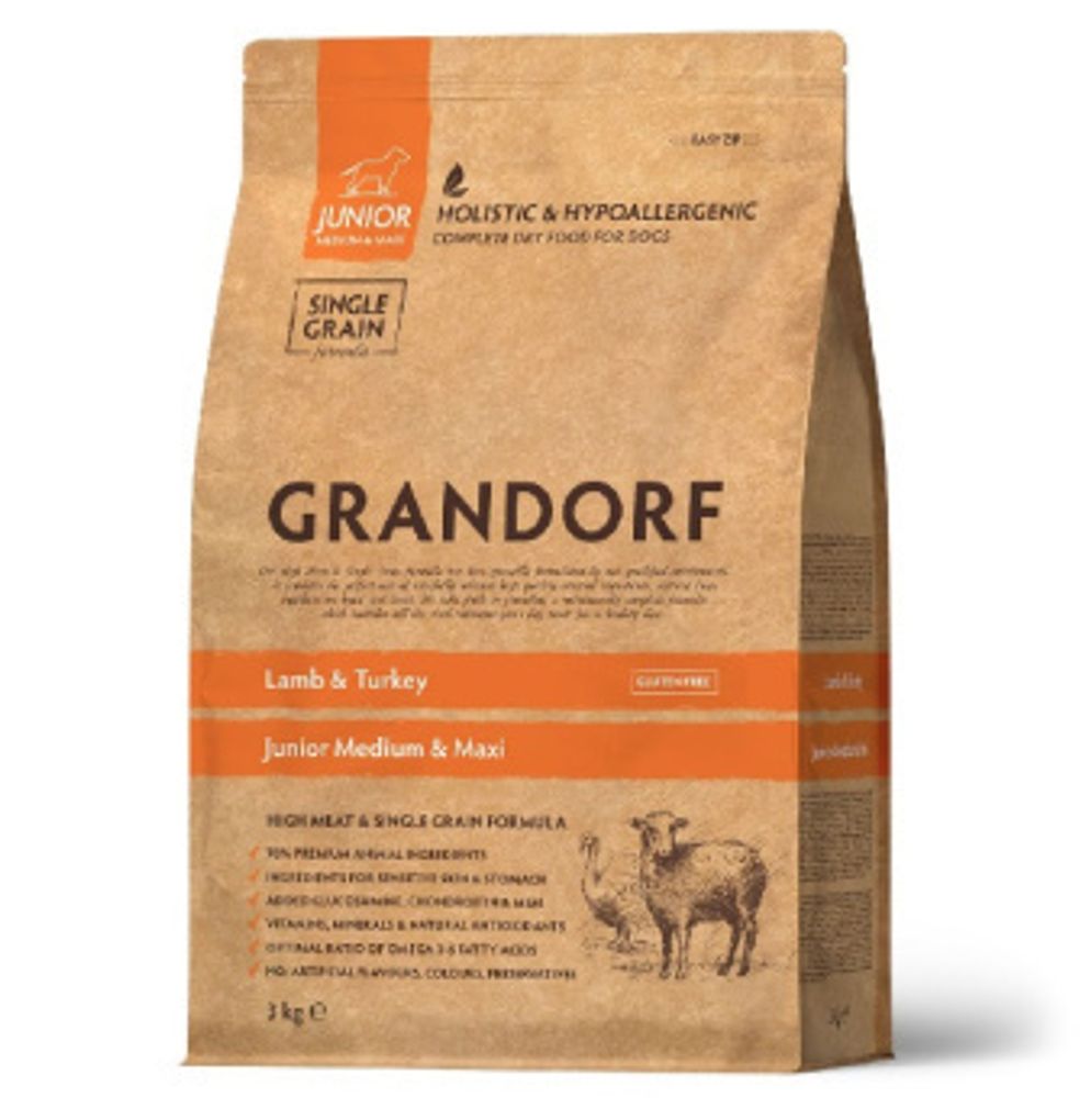 Grandorf 1кг Lamb &amp; Turkey Junior Medium &amp; Maxi Holistic для щенков средних и крупных пород от 4 месяцев, беременных и кормящих сук, ягненок с индейкой