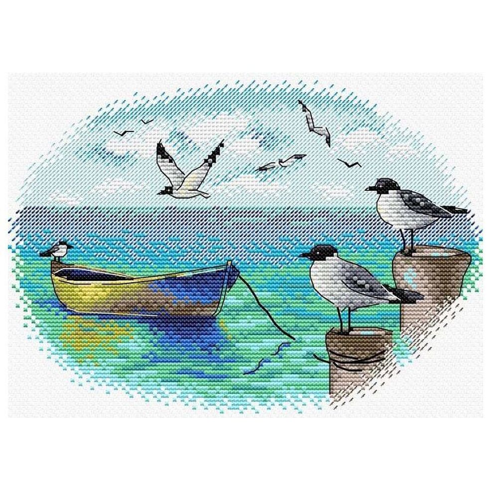 Набор для вышивания крестом, М. П Студия, 22*16 см, ( в наборе нитки мулине 17 цв., черно-белая схема, канва № 14, инстр.) "На пристани"