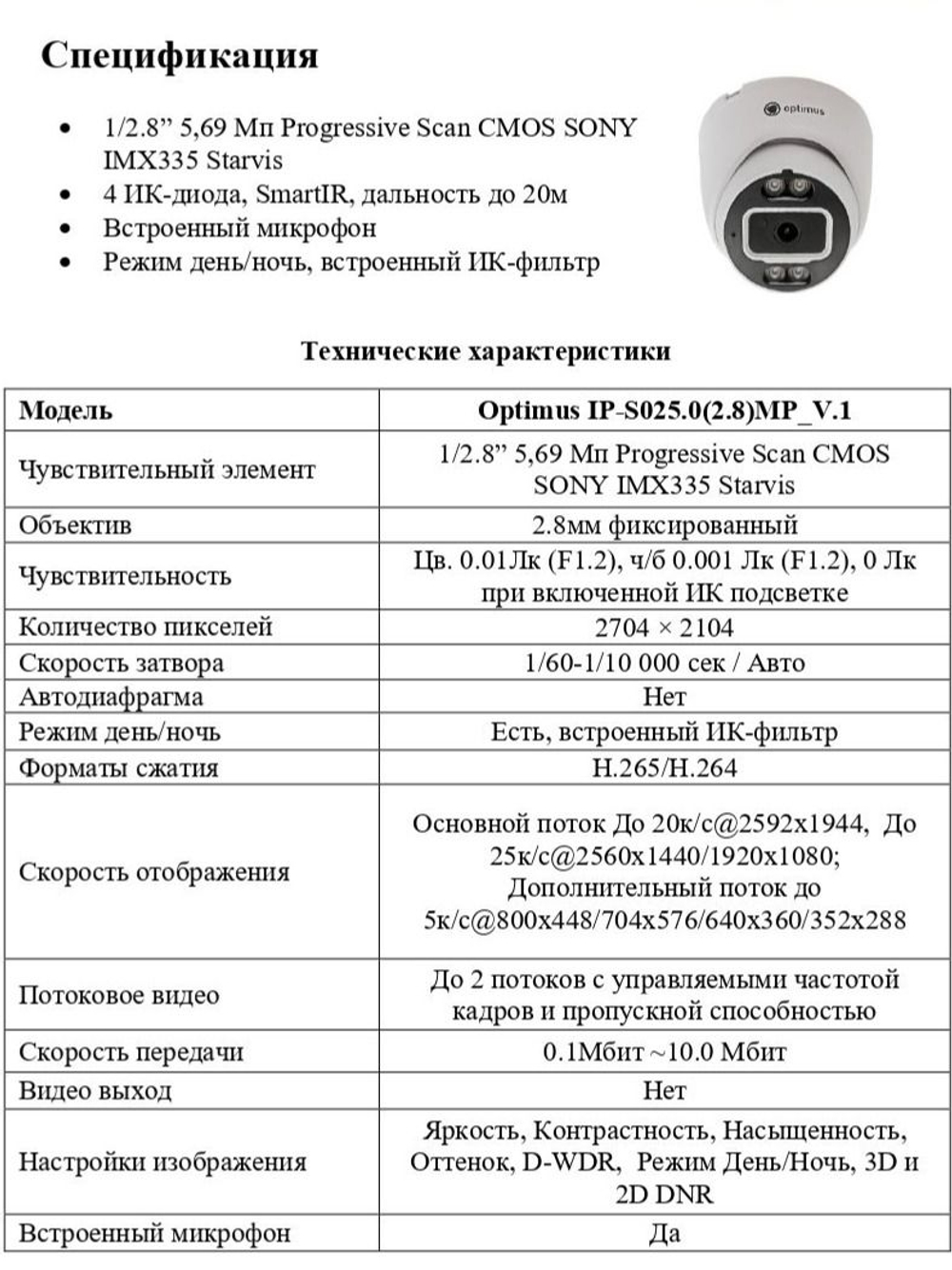 Видеокамера Optimus IP-S025.0(2.8)MP_V.1