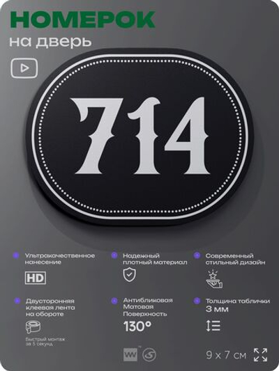 Номерок на дверь квартиры 714, для кабинета, офиса, шильдик 9 х 7 см, черный, Айдентика Технолоджи