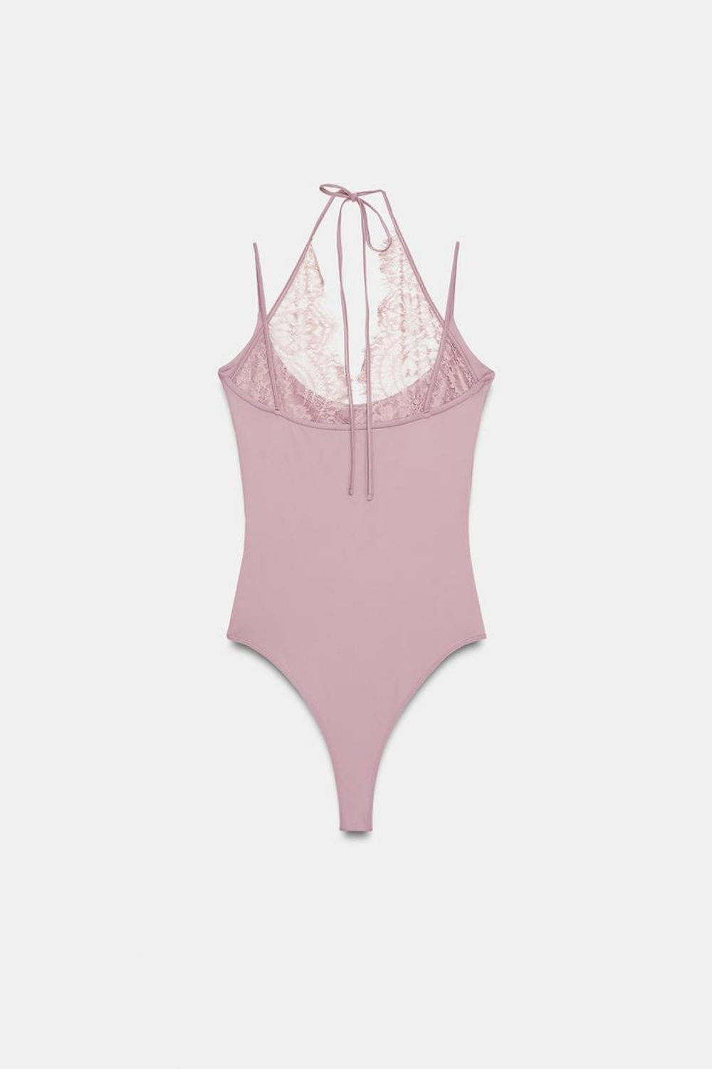 ZARA БОДИ ХАЛТЕР С КОМБИНИРОВАННЫМ КРУЖЕВОМ, ПУДРОВО-РОЗОВЫЙ