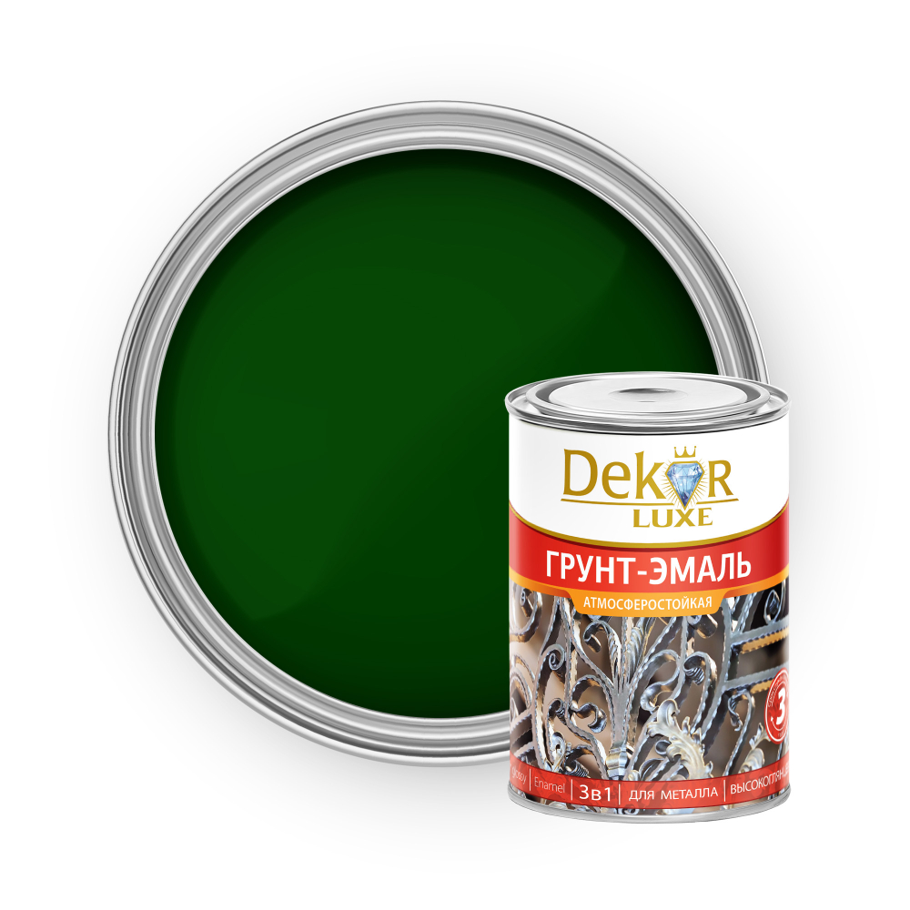 DEKOR LUXE  Грунт-эмаль 3 в 1 атмосферостойкая  Зеленая 0,9кг (Кубанские краски)
