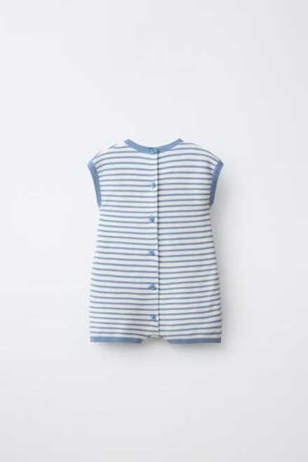 ZARA КОРОТКИЙ КОМБИНЕЗОН В ПОЛОСКУ С НАШИВКОЙ В ВИДЕ КРОЛИКА, ЭКРЮ/СИНИЙ