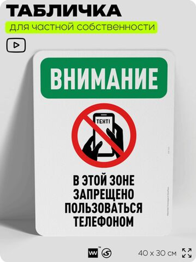 Табличка для частной территории "Внимание, в этой зоне запрещено пользоваться телефоном", на дом, для участка, организаций и частных территорий, 40х30 см, Silver Plane x Айдентика Технолоджи