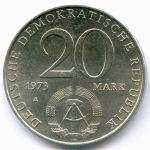 20 марок 1973 (A). Отто Гротеволь. Германия-ГДР. Диаметр 33 мм, медно-никель XF