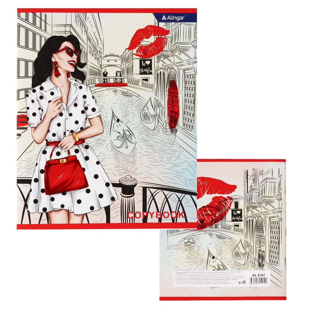 Тетрадь 48л., А5, клетка, Alingar "Girls in the city", скрепка, мелованный картон (стандарт), выб УФ лак, блок офсет, 4 дизайна в пленке т/у