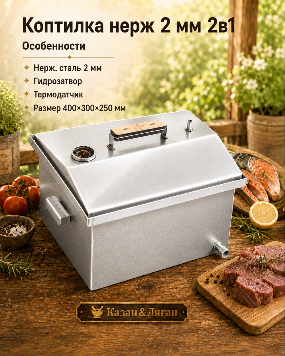 Коптилка нерж 2 мм 2 в 1 с г-з и т.датчик 400*300*250 мм
