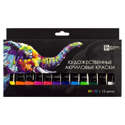 Краски акриловые Феникс+, 12 цветов, 12 мл, неоновые цвета, картонная коробка