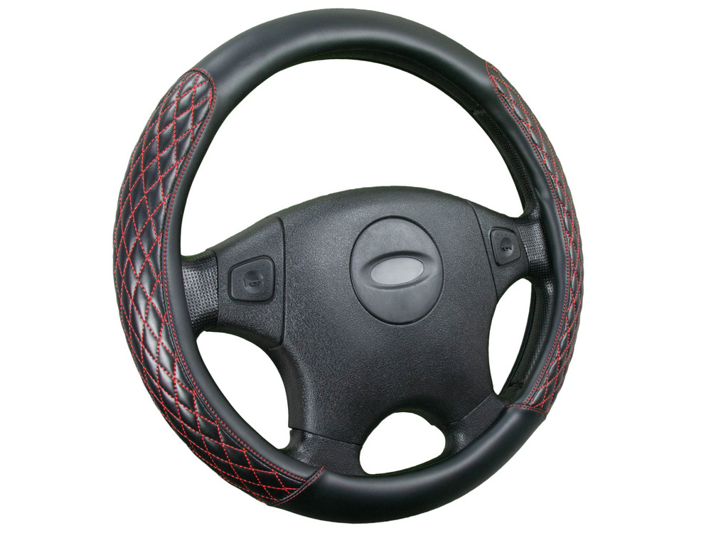 Оплетка на руль круглая CarFashion -М- «ROMB» 31550 - Экокожа - черный/черный/шов красный