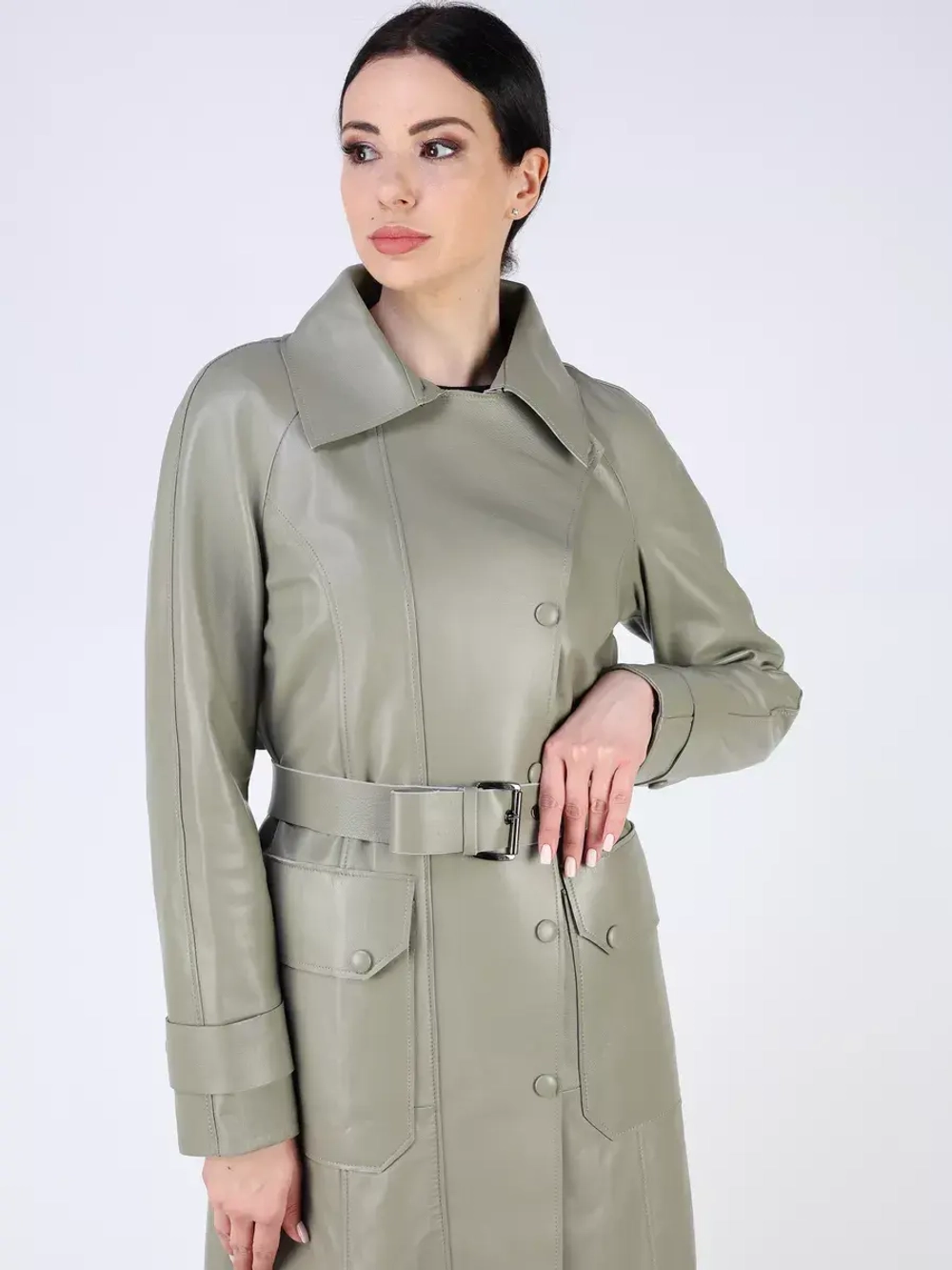 Кожаный тренч длинный с поясом плащ