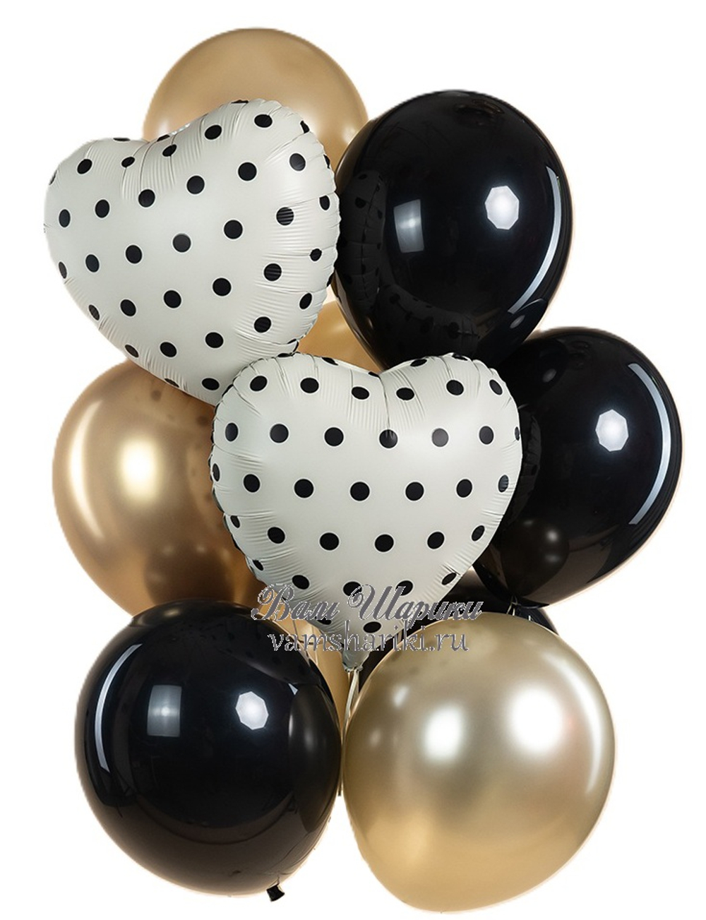 Купить букет шаров с гелием золотого и черного цвета с сердечками