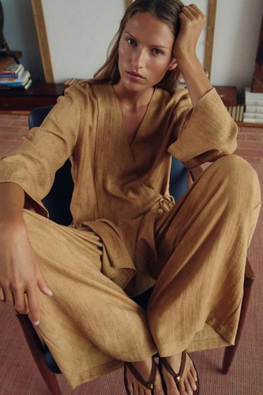ZARA ШИРОКИЕ БРЮКИ НА ШНУРКЕ, ГОРЧИЧНЫЙ