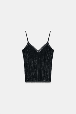 ZARA БАРХАТНЫЙ ТОП С КРУЖЕВОМ — ZW COLLECTION, ЧЕРНЫЙ