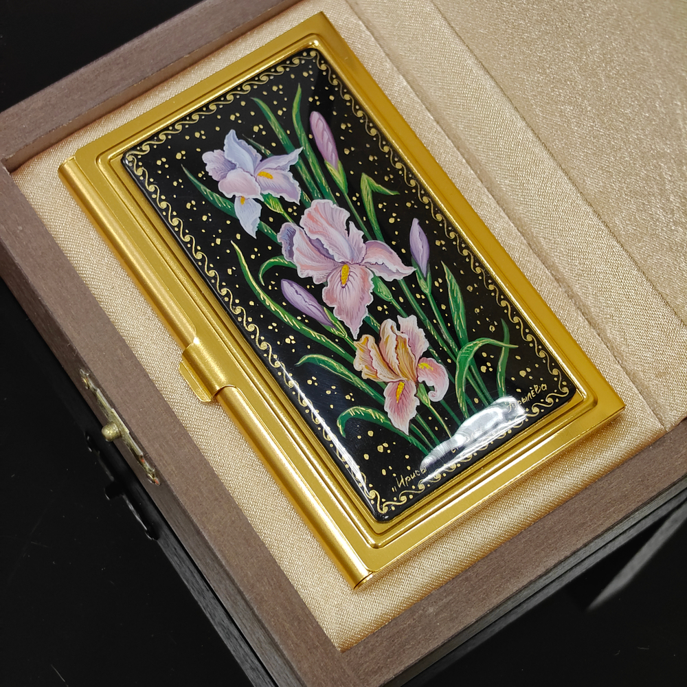 Коллекционная визитница "Ирисы" №3 (роспись Палех) в футляре