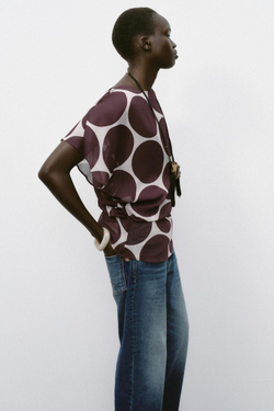 ZARA ПОЛУПРОЗРАЧНЫЙ ТОП В ГОРОШЕК, ЭКРЮ/ГРАНАТОВЫЙ