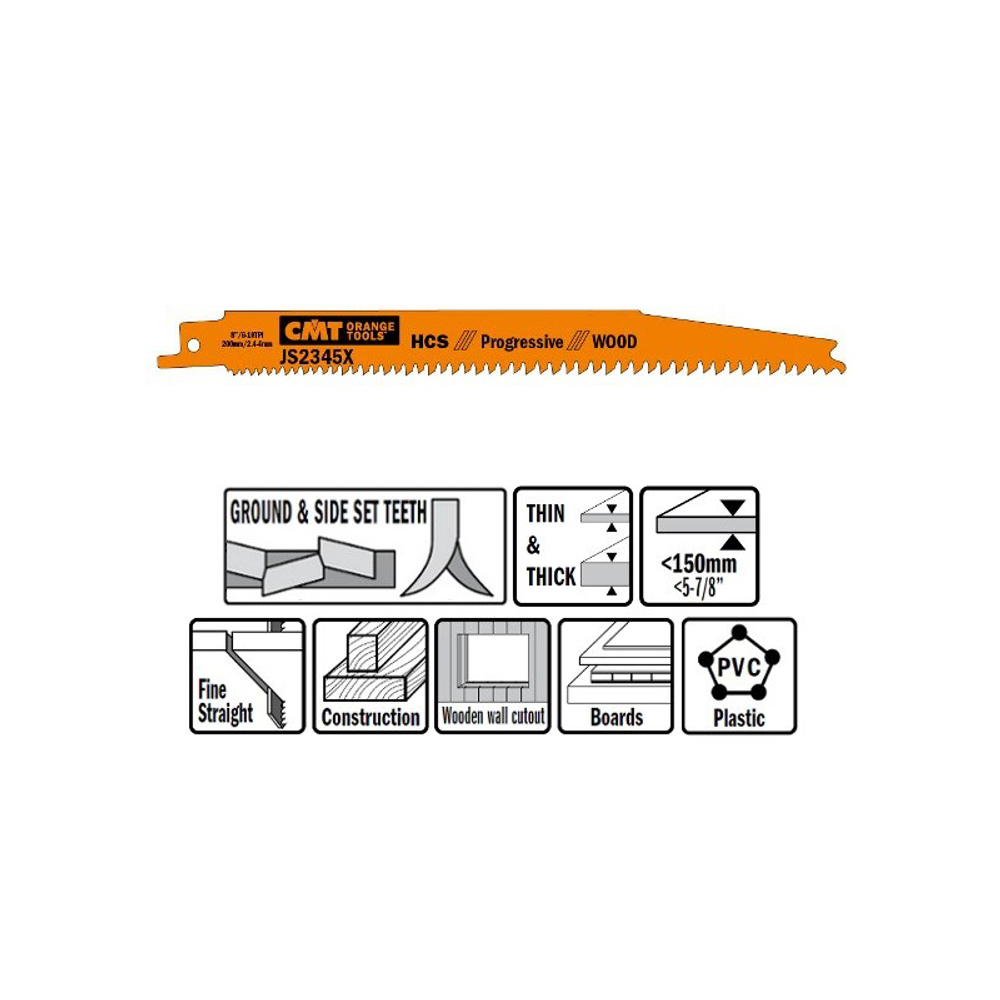 Пилки сабельные 5 штук для дерева 200x2,4-4x6-10TPI CMT JS2345X-5