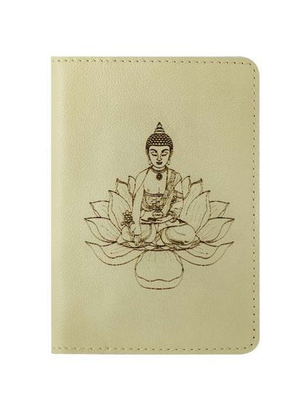 Обложка для паспорта Будда на цветке лотоса из зернистой кожи молочного цвета.