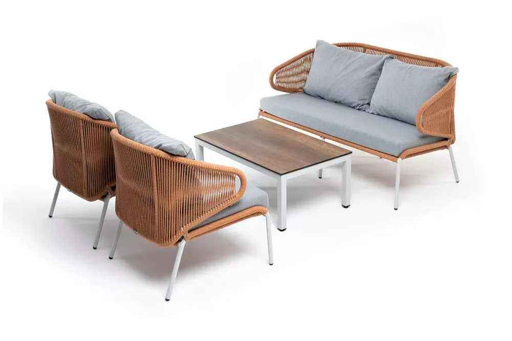 "Милан" лаунж-зона 4-местная плетеная из роупа (веревки), каркас алюминиевый светло-серый, роуп оранжевый меланж