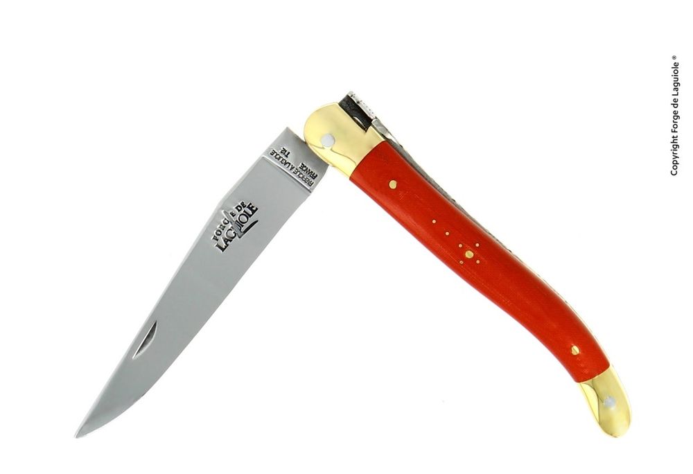 Folding knife, 11 cm blade, 2 brass bolsters, shiny finish, Orange compressed Fabric handle