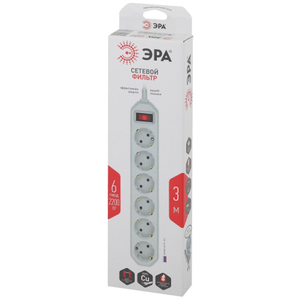 Сетевой фильтр ЭРА USF-6es-3m-W с базовой защитой с заземлением с выключателем 6 розеток 3м 10А белый | Электротовары