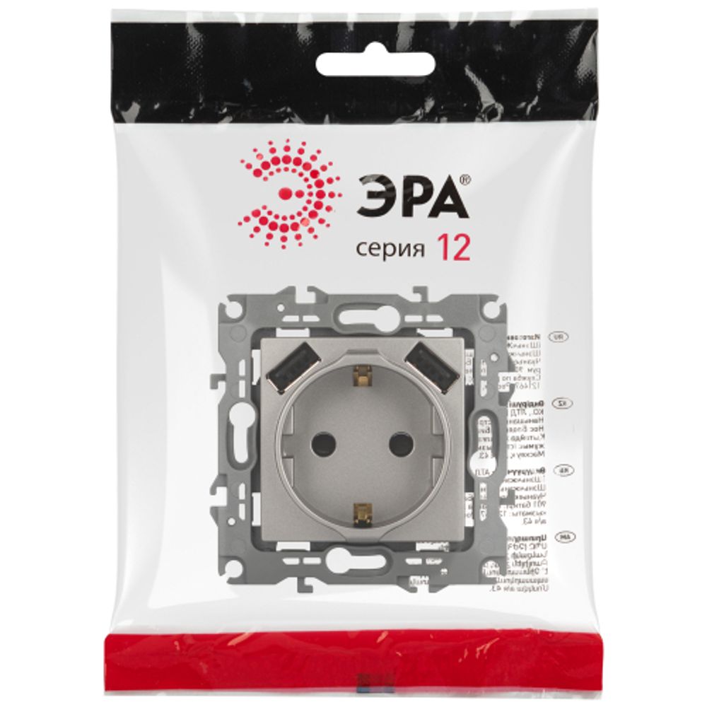 Розетка ЭРА Серия 12 12-4109-16 , 2P+E 16A-250В, штор. с 2xUSB 5В-3А, титан | ЭРА 12 Титан