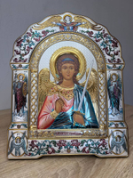 Ангел Хранитель, икона арочная с рамкой, красное дерево, эмаль 266х335