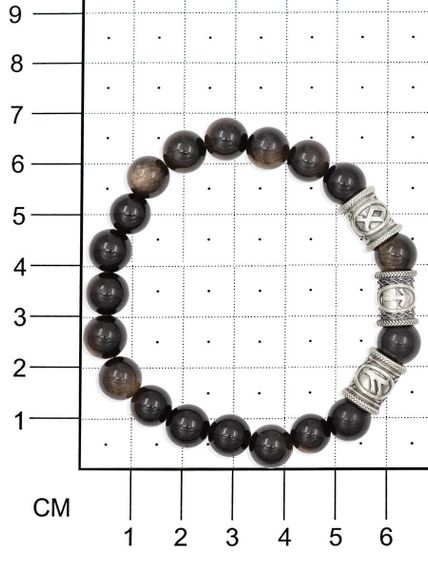 Браслет из натурального обсидиана с рунами Одал, Тейваз, Феху - Достижений целей на размерной сетке