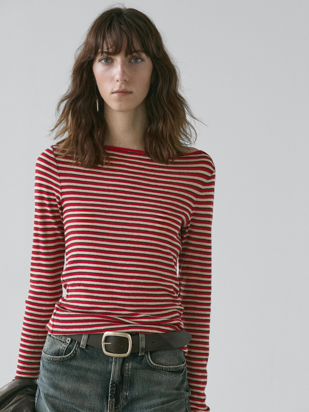 Massimo Dutti Футболка в полоску с длинными рукавами, красный