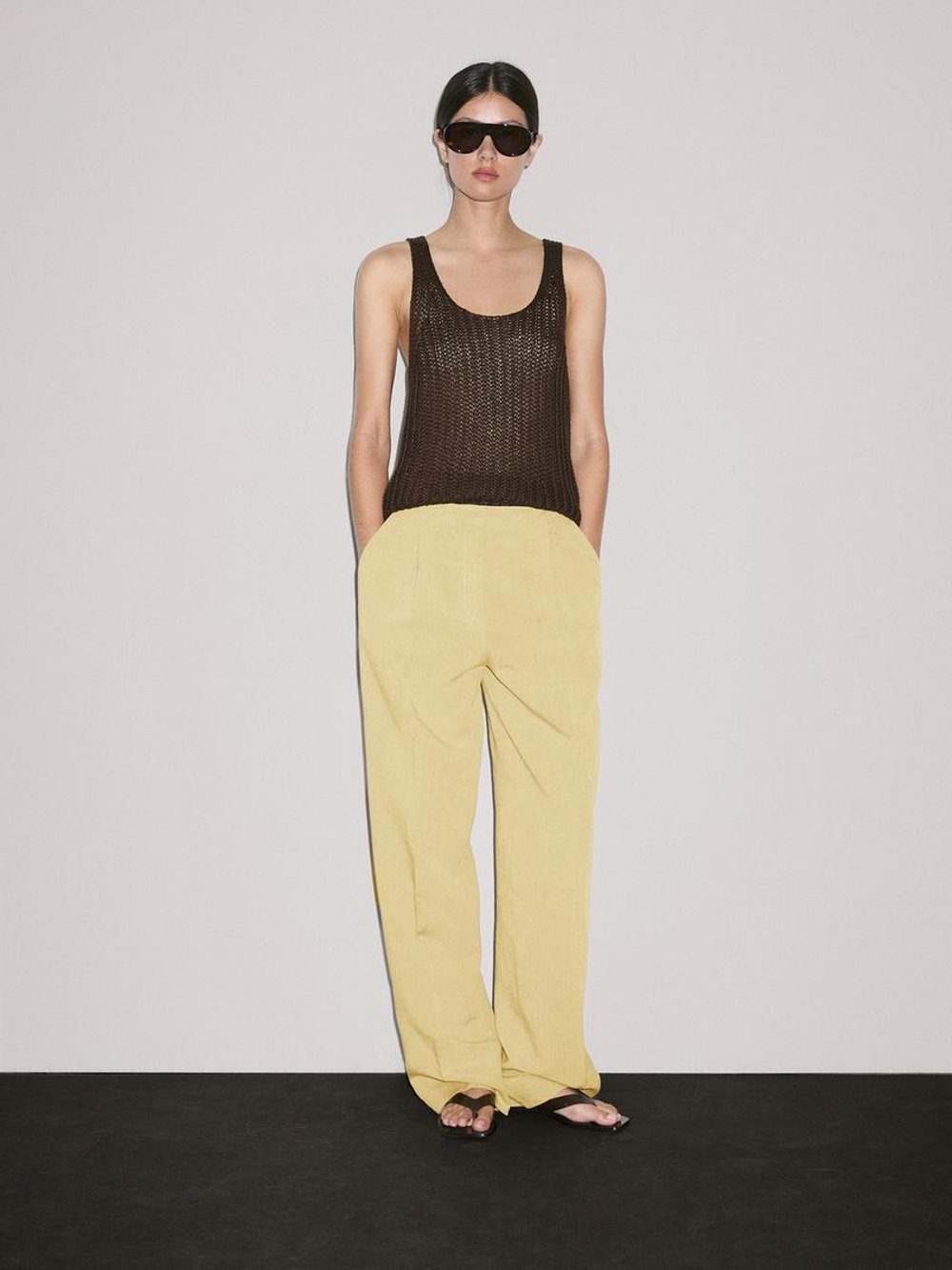 Massimo Dutti Трикотажный топ изо льна с круглым вырезом, шоколадный