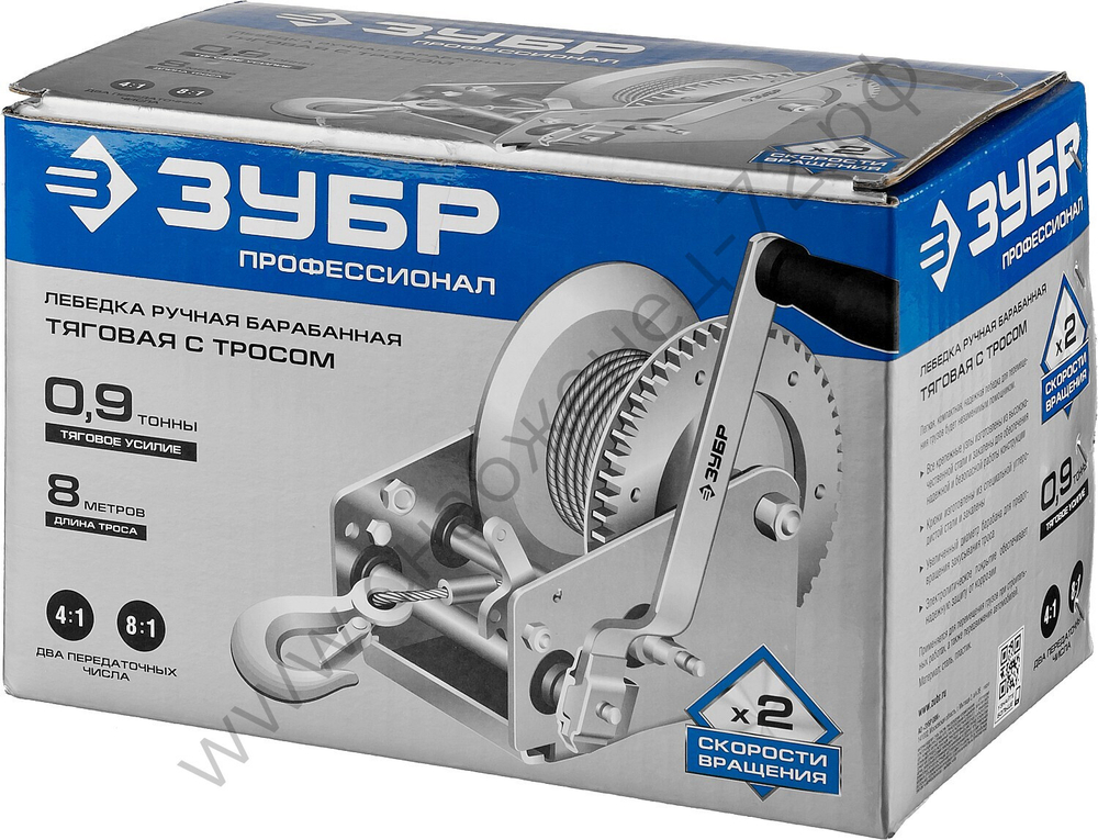 ЗУБР 0.9 т, 8 м, ручная барабанная тяговая тросовая лебедка, Профессионал (43113-0.9)