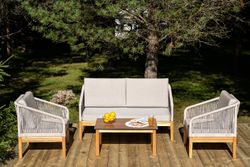 "Канны" лаунж-зона 4-местная из роупа со столиком "Канны" цвета "дуб", основание дуб, роуп бежевый