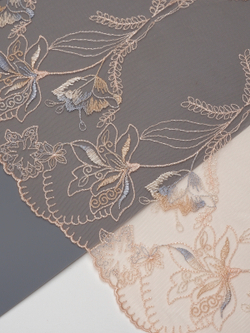 Кружево вышивка на сетке пион с голубым и охрой неэластичная ширина 25 см