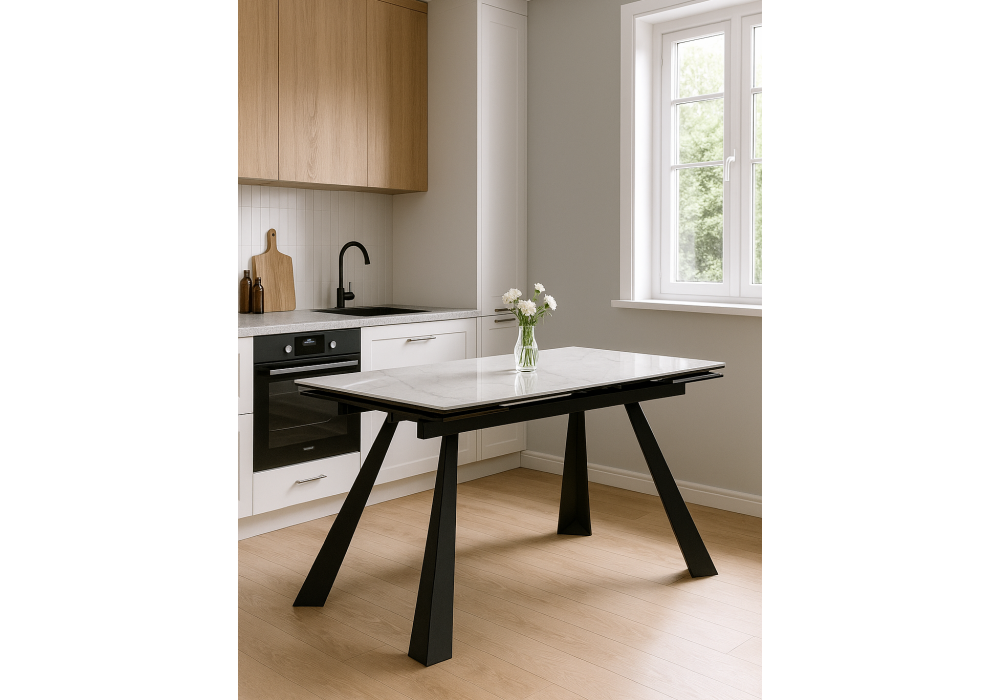 Керамический стол Woodville Маунт 140x80 белый мрамор, черный, ножки черные