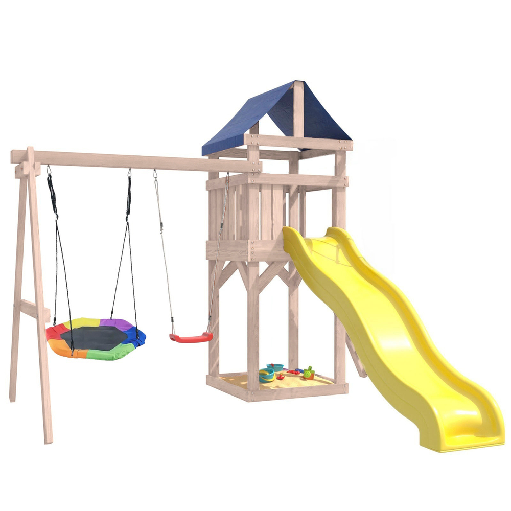 Детская площадка неокрашенная Сlassic с качелями лодочка и гнездом Гексагон IgroWoods для улицы и дачи